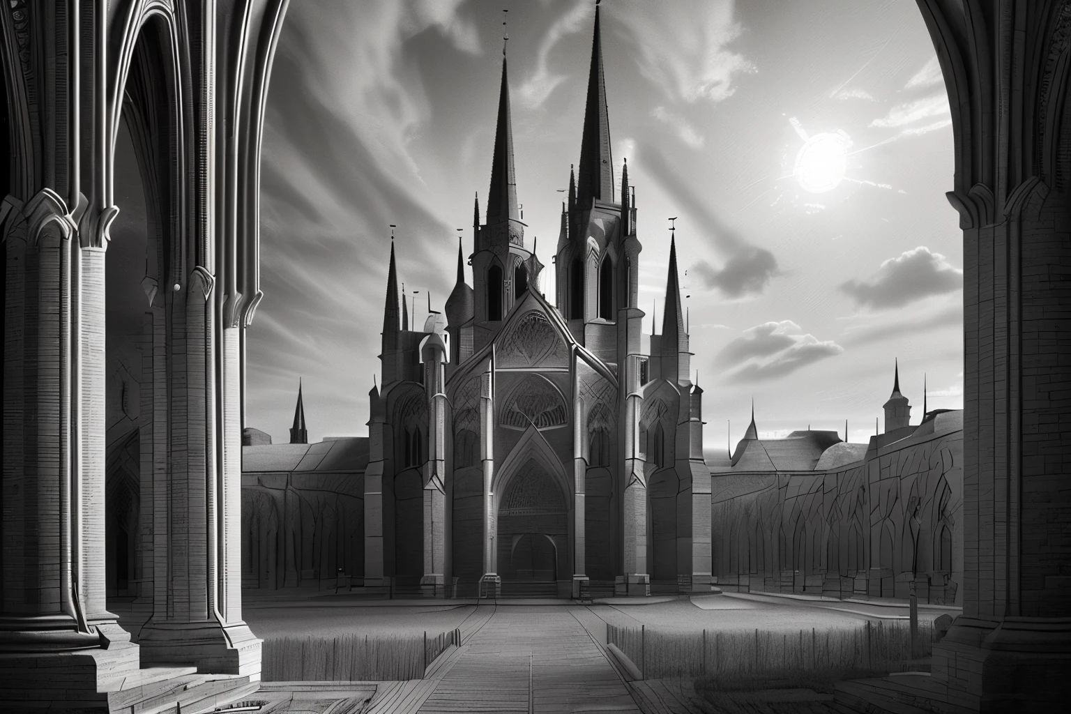 (best quality,4k,8k,highres,masterpiece:1.2),ultra-detailed,(realistic,photorealistic,photo-realistic:1.37),black and white,detailed gothic cathedral, medieval gothic architecture, intricate architectural details, buttresses, flying buttresses, stained glass windows, ornate stone carvings, towering spires, ornate arches, stone masonry, chiaroscuro lighting