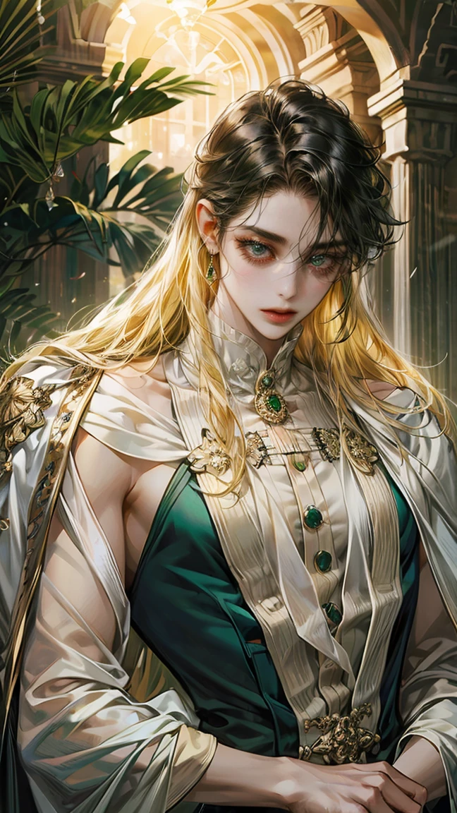 8k, complex, elegant, Very detailed, majestic, digital photography, surreal painting, victorian mansion, palace, detailed background, clear sky, beige mansion, (masterpiece, side light, fine and beautiful eyes: 1.2), HdR, (ojos verde brights)), victorian dress, ( bright), elegant girl, cana, musculature, White skin, elegant, in front of the camera, masterpiece, different hair colors, MAN with BLACK hair black hairWOMAN with long BLONDE hair cascading down his shoulders, notable height difference, thin girl, robust muscular boy, wide shoulders, muscles, manly mature face, half body