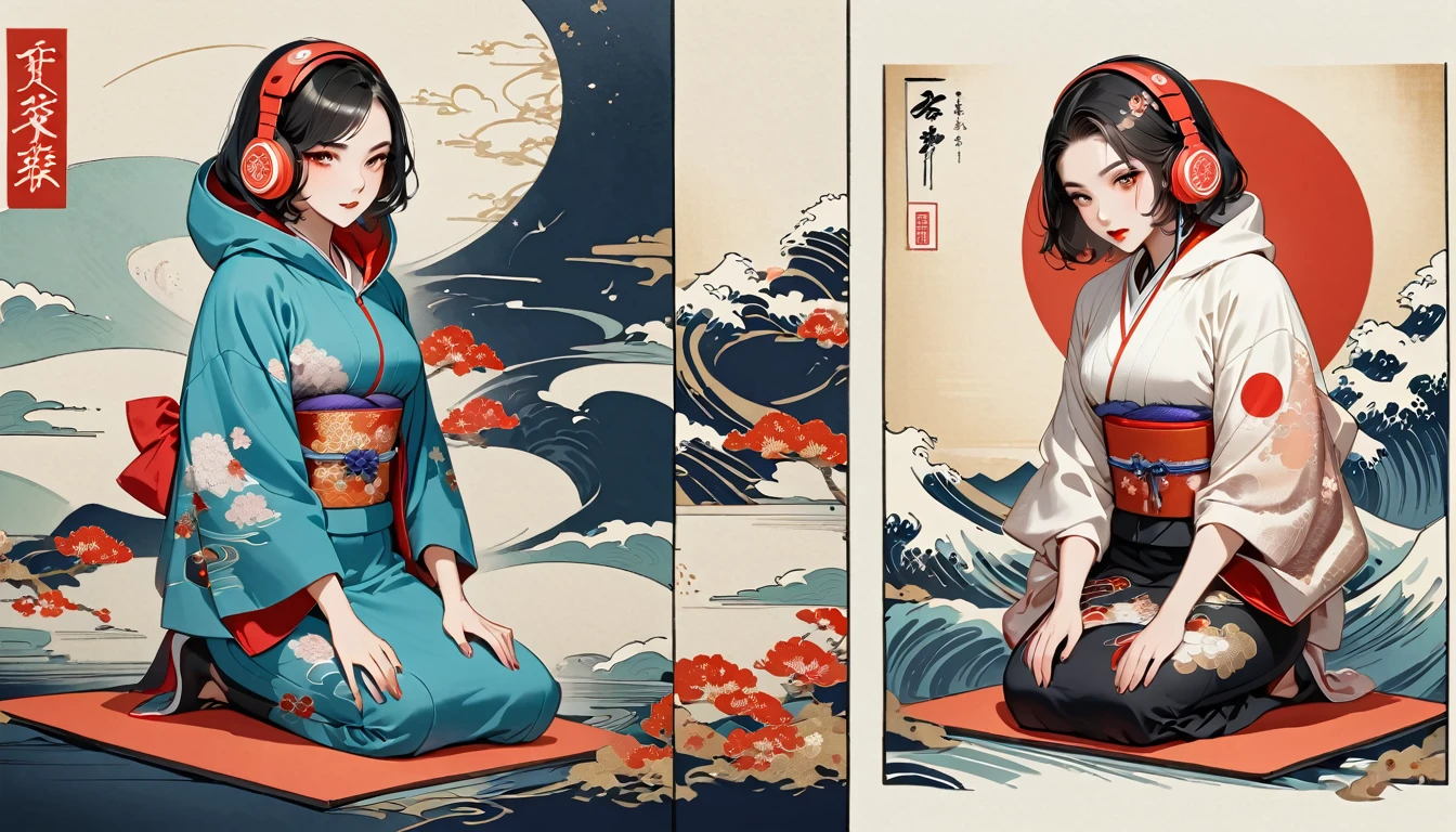 (((girl))), (((seiza))), (((full BODY))), (((Flashy makeup))), (((Japanese style headphones))), (((Japanese pattern hoodie))), (((Put on the hood))), Japan人の美少女, Black Hair, Bob, Delicate and precise, Modern ukiyo-e style,Japan, Japanese flag, vivid color