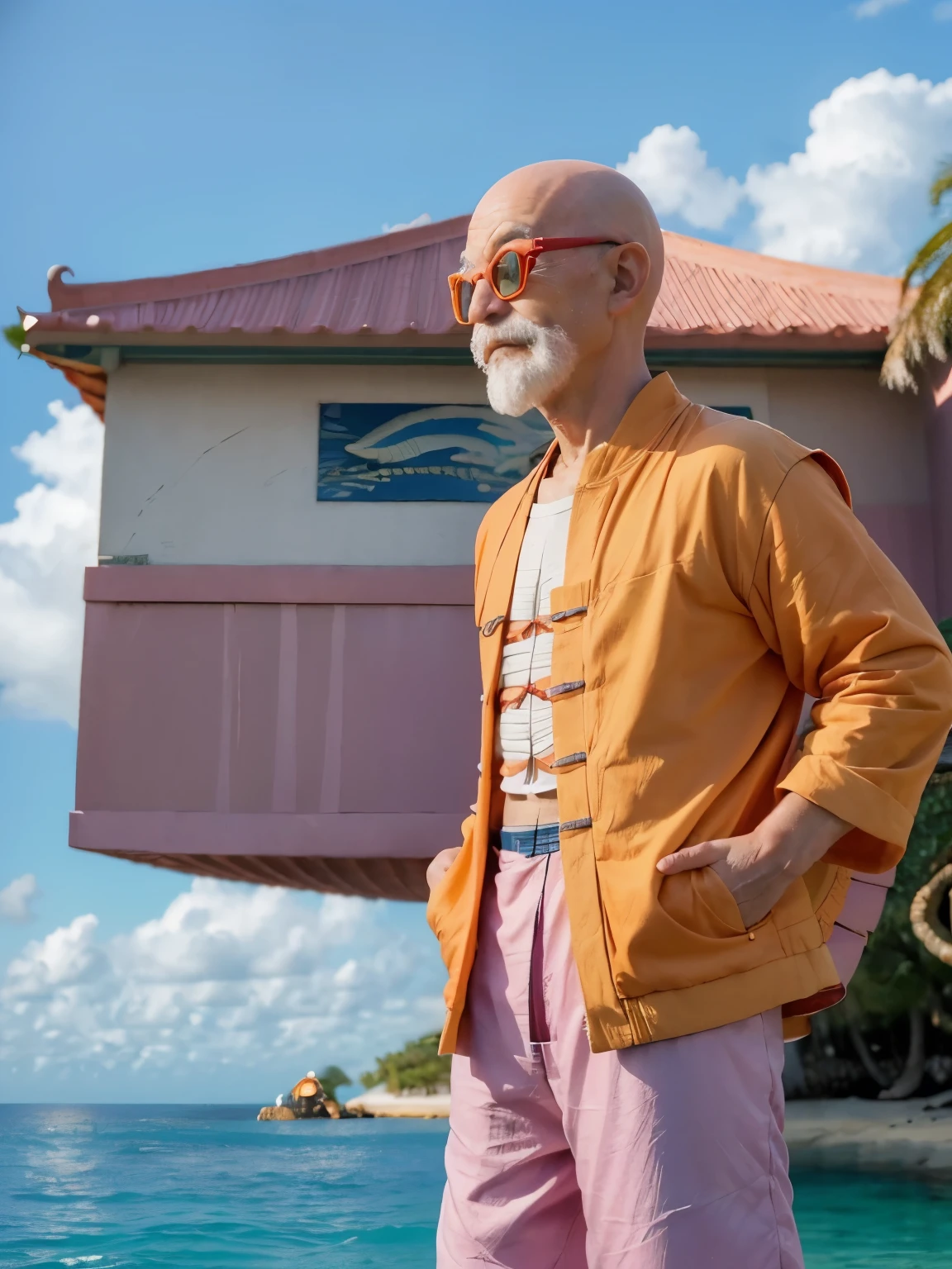 (masterpiece:1.2, best quality:1.2), ((1old man)), professional lightings, cinematic lightings, 8k wallpaper, ultra realistic portrait of Roshi, dragonball, Muten Roshi_dbz, (((ultra realistic exterior of Kame house, ultra detailed exterior of Kame house, pink color painted wall, red roof, small beach in front, palm trees & ocean))), ((Chinese clothes, orange jacket)), bald, old man, beard, sunglasses, white hair, (((sea turtle’s shell))), mustache, standing, (blue pants), turtle shell backpack, (front view),