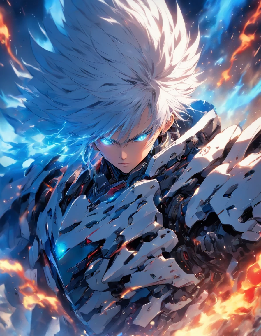 HIGH QUALITY ARTWORK OF White-Haired-Red-Eyed Boy, fighting to the death, intense combat supernatural movement, epic battle with blood on his face, anger and hatred abound in his heart fighting in a military base of different levels in a futuristic fantasy world, mecha armor, spaceships, weaponry blood fire good,