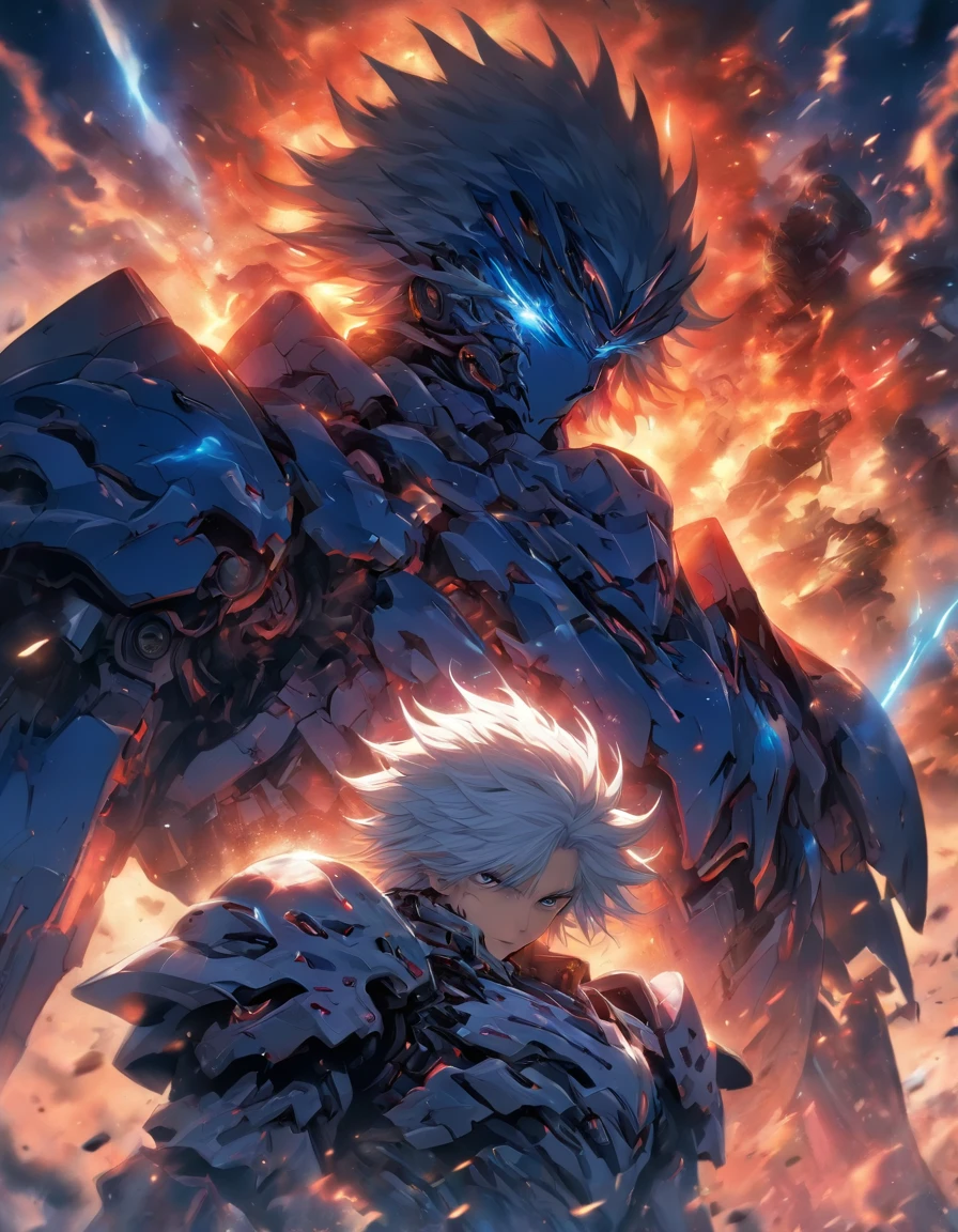 EPIC ARTWORK OF White-Haired-Blue-Eyed Boy,He carried his beloved in his arms, crying inconsolably bathed in blood, fire, in it, dust and wind blowing that sad scene, mecha armor, weapons around you with corpses of races from a futuristic fantasy world,