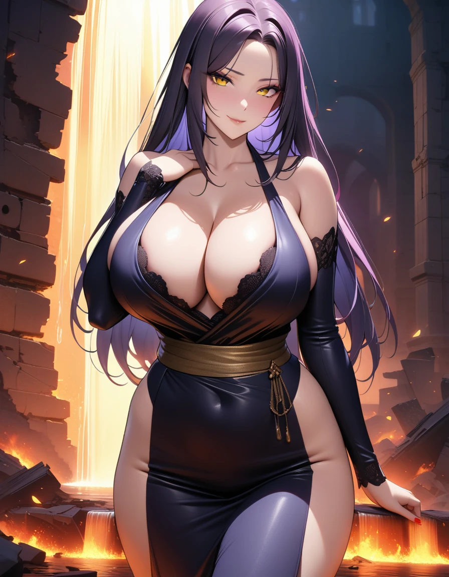 (A bewitching 35-year-old Japanese widow, Outside, in the ruins of the war she had caused, she poses against a burnt out plain, lit by an eerie moonlight and lit up by a pale glow, covered in corpses., her porcelain doll-like complexion illuminated by soft golden lighting. Her raven tresses cascading down her back like a waterfall of night, as she gazes seductively into the camera with an air of sly sophistication. She's dressed in a provocative black kimono, its silk folds teasingly parted to reveal a hint of creamy skin. The framing of the shot accentuates her curves, while her eyes seem to dare you to succumb to her charms. Her full lips curved into a subtle smile, as if she's already ensnared her next victim.), (masterpiece, incredibly absurd resolution, absolutely resolution, ultra high resolution, Mature Female, MILF, professional, vivid colors, perfect anatomy, ideal facial features, ideally proportioned figure, perfectly beautiful body, super detailed skin, glossy skin, glistening skin, Glamor, soft and curvy, body conscious, collarbone, cleavage, saggy huge breasts), ((evil seductive smile))