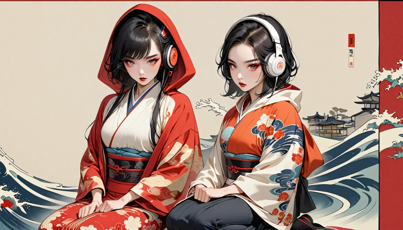 (((girl))), (((seiza))), (((full BODY))), (((Flashy makeup))), (((Japanese style headphones))), (((Japanese pattern hoodie))), (((Put on the hood))), Japan人の美少女, Black Hair, Bob, Delicate and precise, Modern ukiyo-e style,Japan, Japanese flag, vivid color