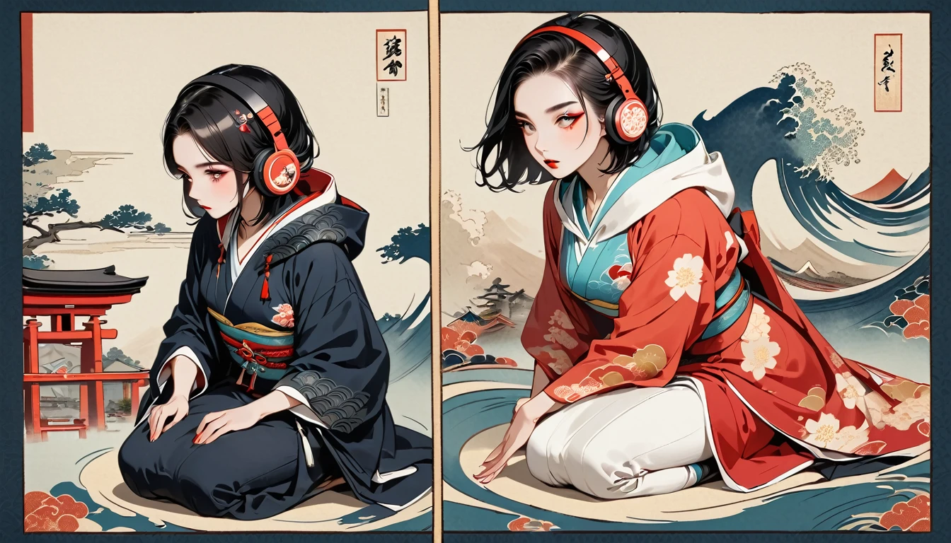 (((girl))), (((seiza))), (((full BODY))), (((Flashy makeup))), (((Japanese style headphones))), (((Japanese pattern hoodie))), (((Put on the hood))), Japan人の美少女, Black Hair, Bob, Delicate and precise, Modern ukiyo-e style,Japan, Japanese flag, vivid color