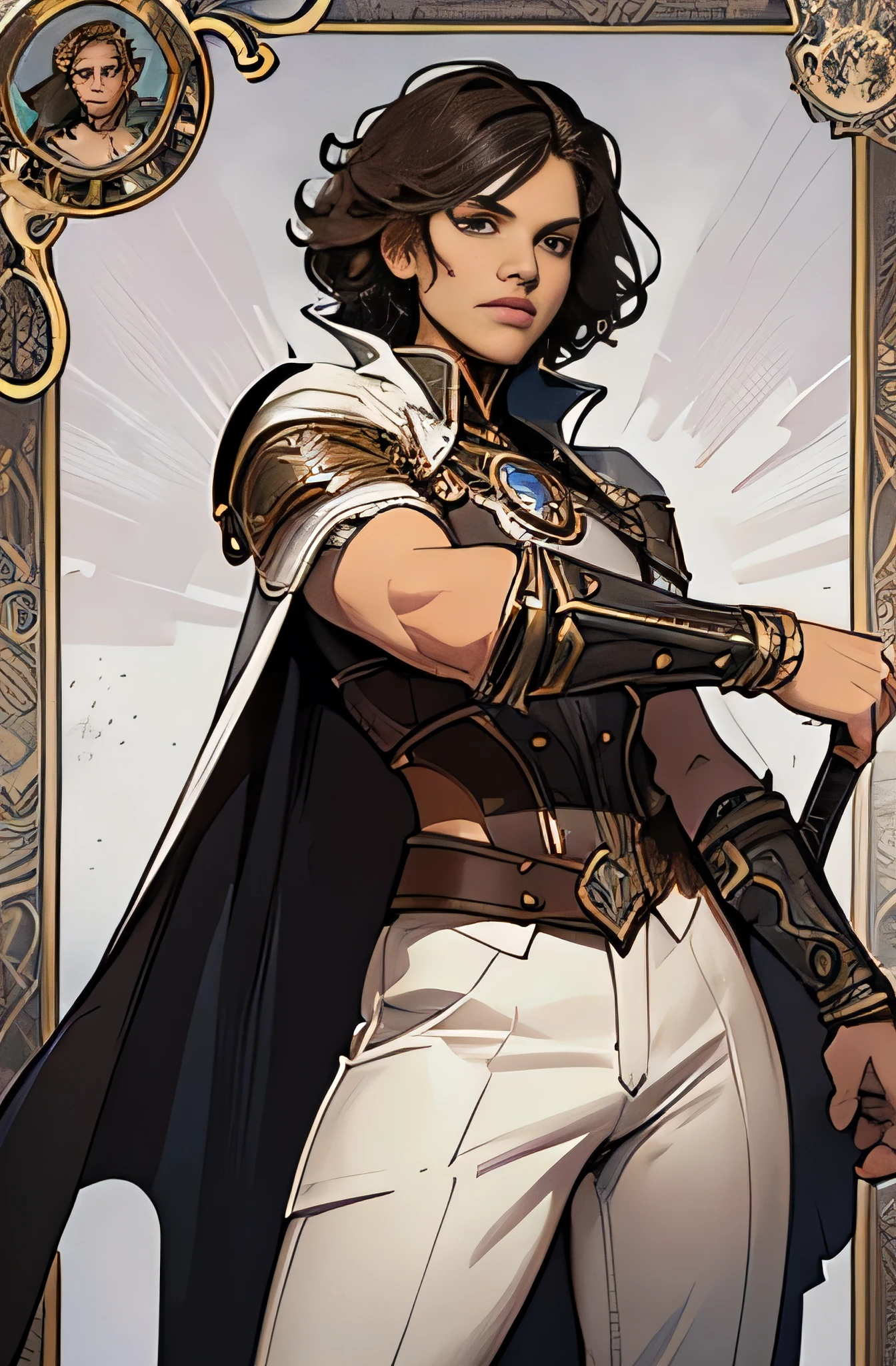 Elaborate border, brown androgynous man with silver eyes and short curly hair wearing white pants cold cape with a sheathed dagger, good anatomy, dynamic pose, good proportions, Modern flair, vector, highly detailed, intrikate, work of art, realisitic, proffesional, black fantasy Diablo III, Illustration by Alphonse Mucha (centred), (well framed)