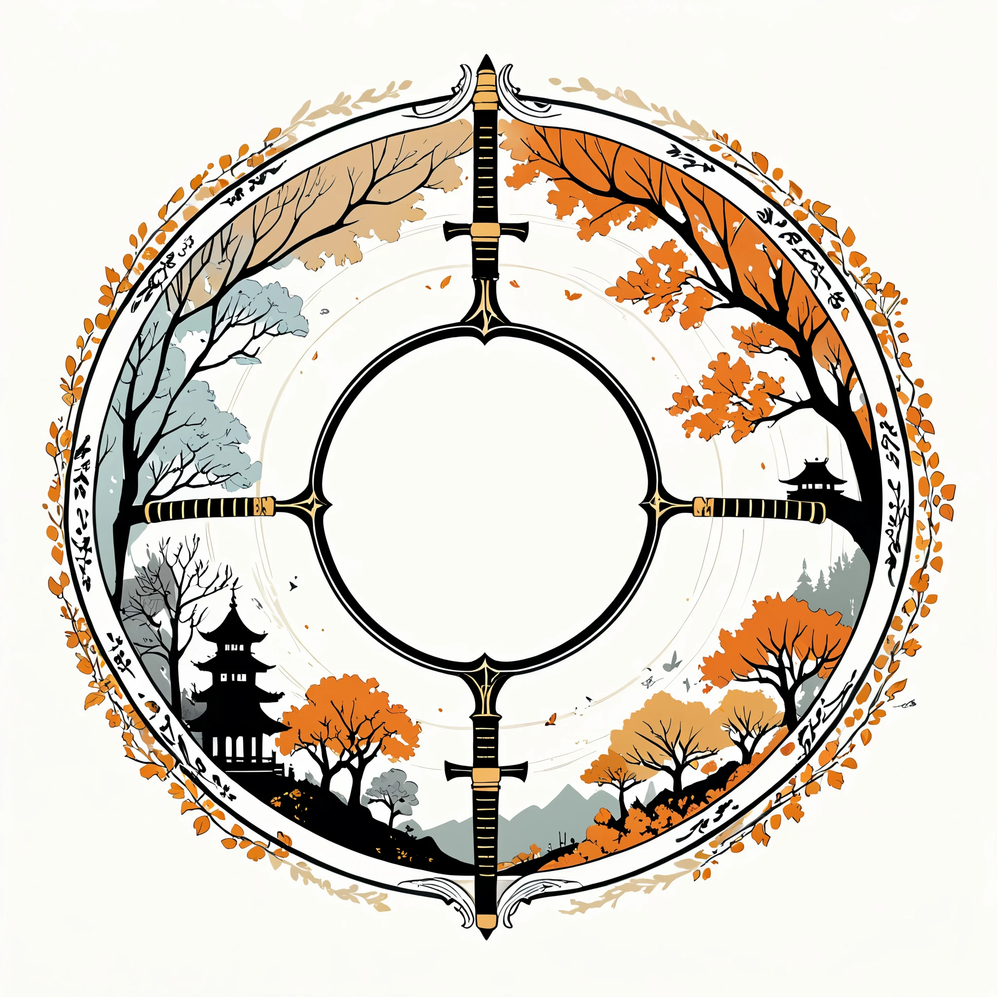 in style of Gris Grimly,in style of Giovanni Costa,in style of Henrietta Harris
logo,line art,{minimalist style:1.5},katana ,ring composition,{the focus of the composition is on the outside of the ring:1.4},in the middle of the ring is a large area of white space,four seasons ring disk in spring, summer, autumn and winter