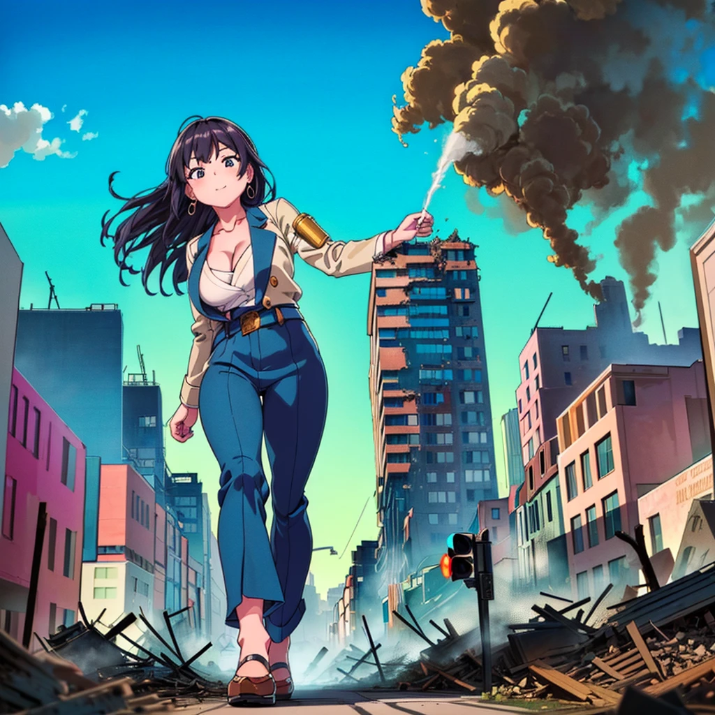 Composition seen from below ((Adult woman in a suit)) pants (blue sky) ((Cumulonimbus)) masterpiece Anime Style Delicate painting 4K the 90s Giant crowd ((battlefield)) ((destroyed metropolis)) ((Collapsed building)) ((Remains)) ((Rubble pile)) ((fire)) ((cigarette)) crowd crowd ((((A girl in a Giant walking through the city valley))) 白いshoes下 clock Black Hair smile female Giant Giant girl Whole body crowdアンリアルエンジン,Cleavage ,Picture , Earrings, Long Hair,cute picture beauty Analog Style whole body shoes