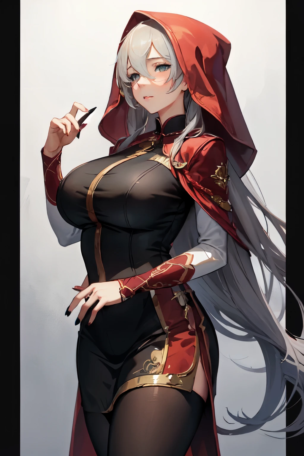 An elegant chubby woman, wearing a red veil covering her eyes, places her fingers on her lips, symbolizing silence. Her nails were long and painted bright red. The background is solid black