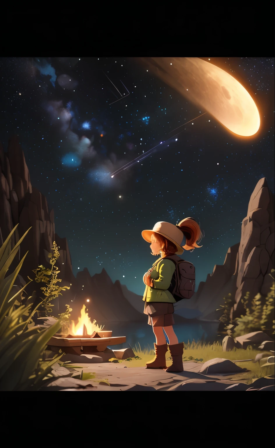 Masterpiece, Best quality, Ultra-detailed, illustration, 1girll, Solo, Outdoors, camping, Night, Mountains, Nature, stars, Moon, bonfires, tenten, double-ponytail, Green eyes, cheerful big breasts, cheerfulness, Backpack, sleeping bag, Camping stove, Water bottle, Mountain boots, mitts, Sweater, Hat, Flashlight, forest, Rocks, River, wood, Smoke, Shadows, Contrast, Clear sky, constellation, Milky Way, Peaceful, serene, Quiet, tranquil, Remote, secluded, Adventurous, exploration, escape, independence, Survival, resourcefulness, challenge, perseverance, endurance, endurance, Observation, intuition, Adaptability, creativity, imagination, Artistry, Inspiration, Beauty, in awe, Wonder, Gratitude, Appreciation, unwind, Enjoyment, rejuvenation, Mindfulness, Awareness, Connection, Harmony, balance, Texture, detail, Realism, Depth, Perspective, composition, Color, Light, black shadows, Reflection, refractions, Ton, Contrast, foreground, Middle ground, Background, Naturalistic, Figurative, representational, impressionistic, expressionistic, abstracted, Innovative, Experimental, Unique