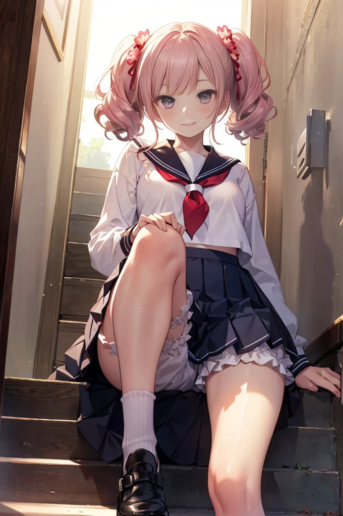 (masterpiece), 4K,woman,Long sleeve sailor suit,Small breasts,Small Ass,Curly Twin Tails,Sun light,Realistic, skinny, Big smile,Frill Bra,((,Wear short bloomers under your skirt)),Sitting on the stairs,((Knee-length pleated skirt)),Angle from below the knee