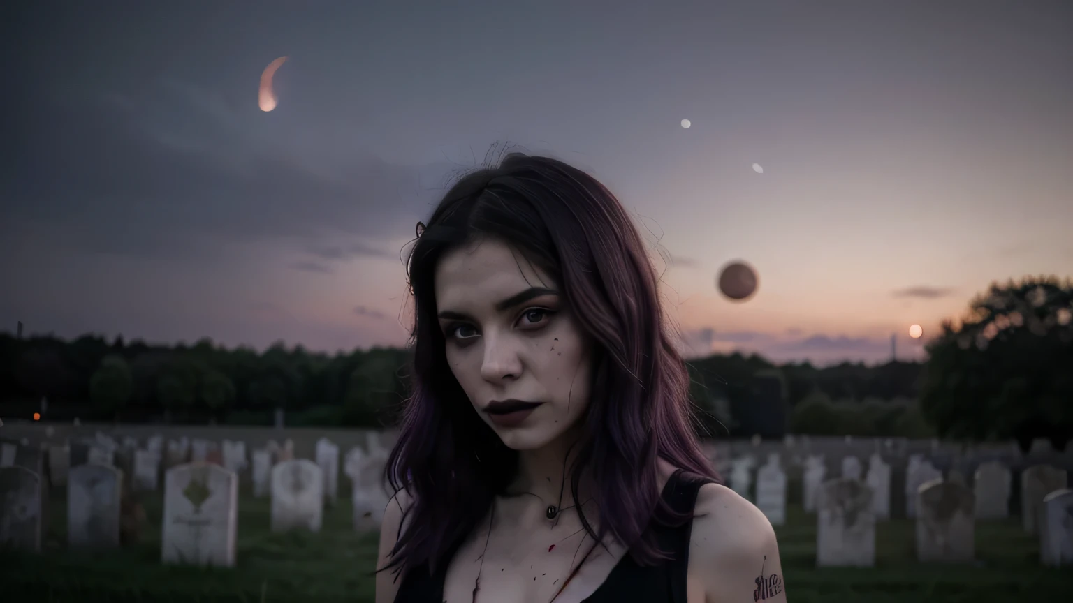 Extremely detailed 4k photograph of a goth girl with blue hair, green eyes, seductive gaze and soft smile, in a graveyard with nameless graves and the moon in the sky