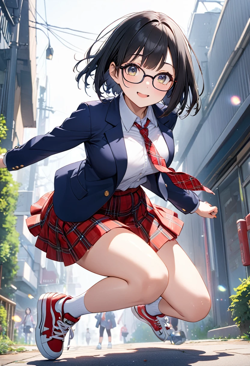 (Beautiful 18 year old Japanese woman), Cute Face, Navy Blue Blazer,Ribbon tie,Red tartan check skirt, tiny socks,sneakers,Glasses,(Deeply chiseled face:0.7), (freckles:0.6), Soft Light,Healthy white skin, Black Hair,Bobcut,, (Sparkling eyes), thin,Outdoor,Very large breasts,Big Jump