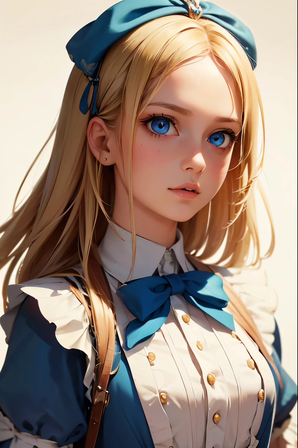 1girl, masterpiece, best quality, 8k, detailed skin texture, detailed cloth texture, beautiful detailed face, intricate details, ultra detailed, Alice in Wonderland, (a bow on her head:1.1), upper body, blonde hair, blue eyes