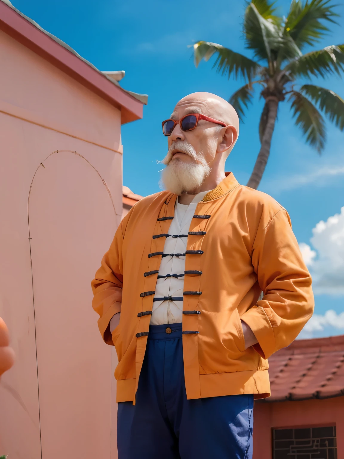 (masterpiece:1.2, best quality:1.2), ((1old man)), professional lightings, cinematic lightings, 8k wallpaper, ultra realistic portrait of Roshi, dragonball, Muten Roshi_dbz, (((ultra realistic exterior of Kame house, ultra detailed exterior of Kame house, pink color painted wall, red roof, small beach in front, palm trees & ocean))), ((Chinese clothes, orange jacket, blue pants)), bald, old man, beard, sunglasses, white hair, (sea turtle’s shell as back pack), mustache, standing, (front view),