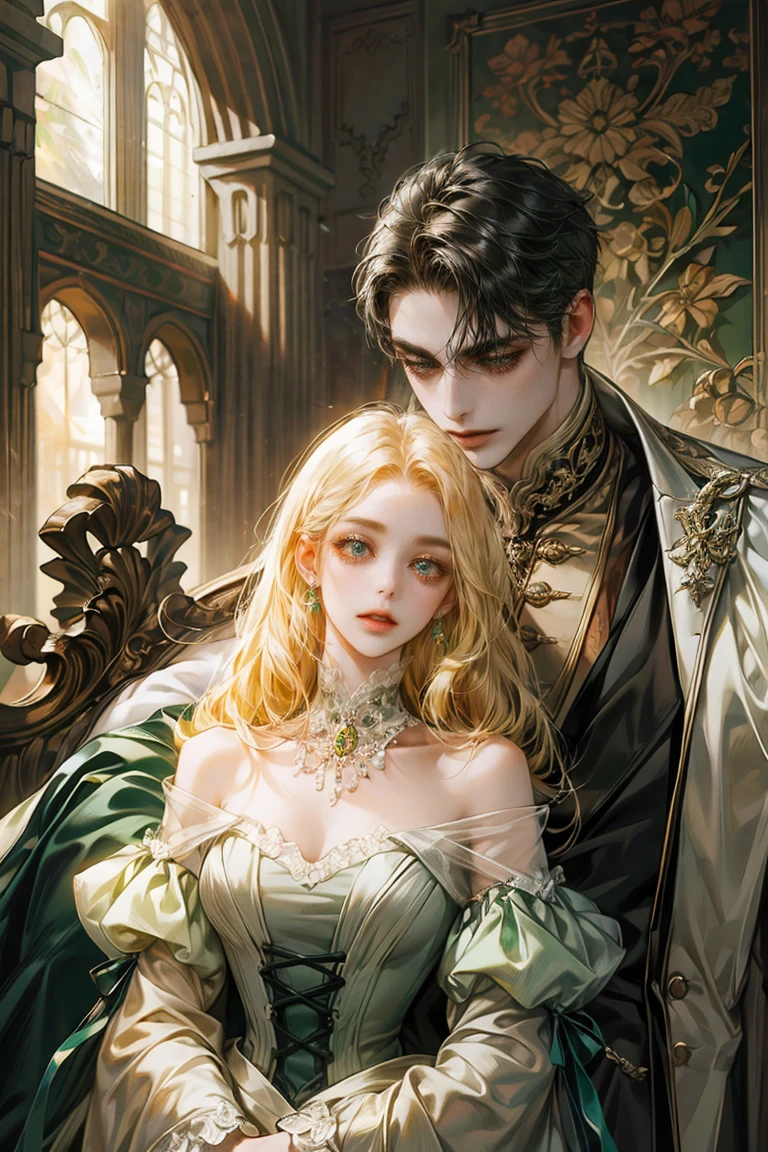 8k, complex, elegant, Very detailed, majestic, digital photography, surreal painting, victorian mansion, palace, detailed background, clear sky, beige mansion, (masterpiece, side light, fine and beautiful eyes: 1.2), HdR, (ojos verde brights)), victorian dress, ( bright), elegant girl, cana, musculature, White skin, elegant, in front of the camera, masterpiece, different hair colors, BLACK-haired MAN black hair. WOMAN WITH LONG BLONDE HAIR Cascading Down Her Shoulders. notable height difference, thin girl, robust muscular boy, wide shoulders, muscles, manly mature face, half body