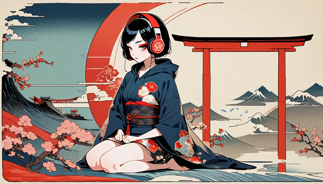(((girl))), (((seiza))), (((full BODY))), (((Flashy makeup))), (((Japanese style headphones))), (((Japanese pattern hoodie))), (((Put on the hood))), Japan人の美少女, Black Hair, Bob, Delicate and precise, Modern ukiyo-e style,Japan, Japanese flag, vivid color