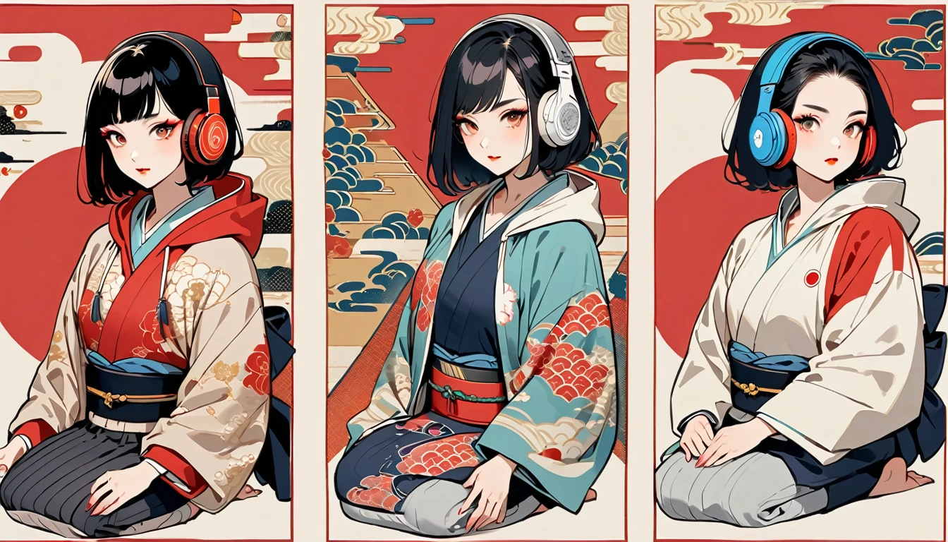 (((girl))), (((seiza))), (((full BODY))), (((Flashy makeup))), (((Japanese style headphones))), (((Japanese pattern hoodie))), (((Put on the hood))), Japan人の美少女, Black Hair, Bob, Delicate and precise, Modern ukiyo-e style,Japan, Japanese flag, vivid color