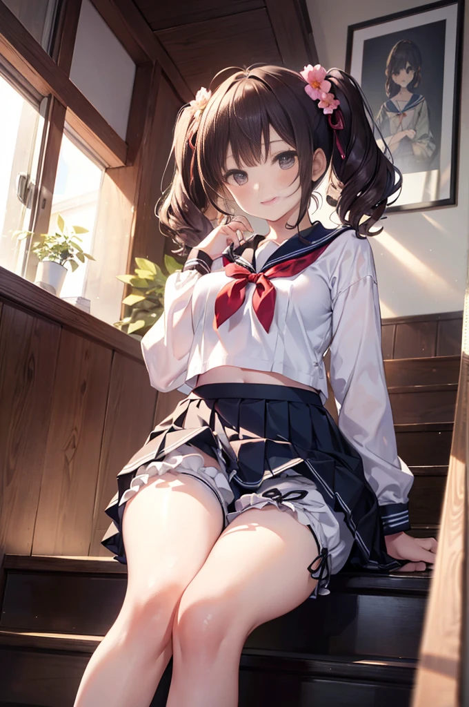 (masterpiece), 4K,woman,Long sleeve sailor suit,Small breasts,Small Ass,Curly Twin Tails,Sun light,Realistic, skinny, Big smile,Frill Bra,((,Wear short bloomers under your skirt)),Sitting on the stairs,((Knee-length pleated skirt)),Angle from below the knee