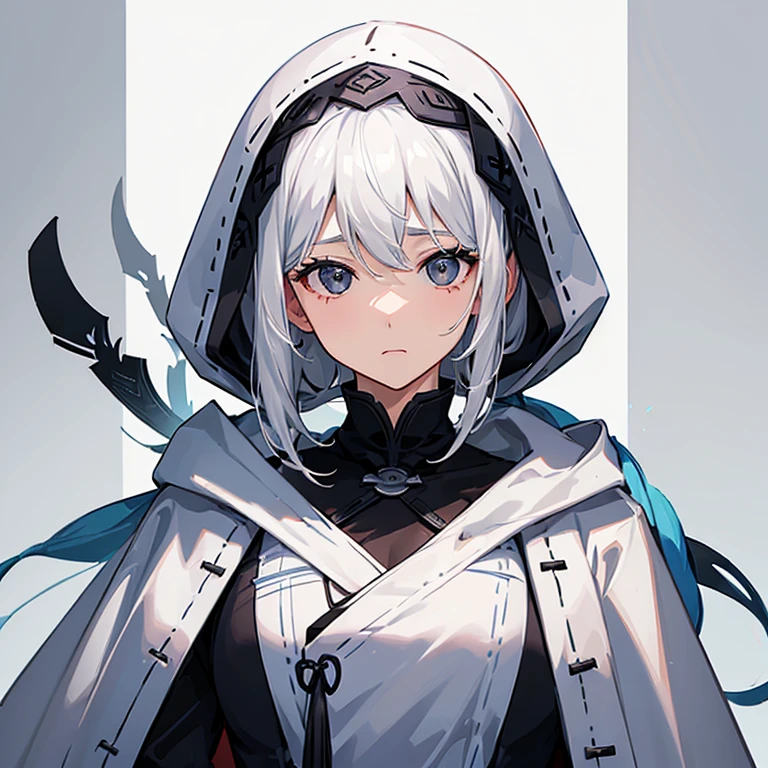 (((One Woman)))、A 100-year-old woman with white hair, black eyes and an aquiline nose、Wearing a hood、look here、Bust up shot、Fantasy、In front of a white wall