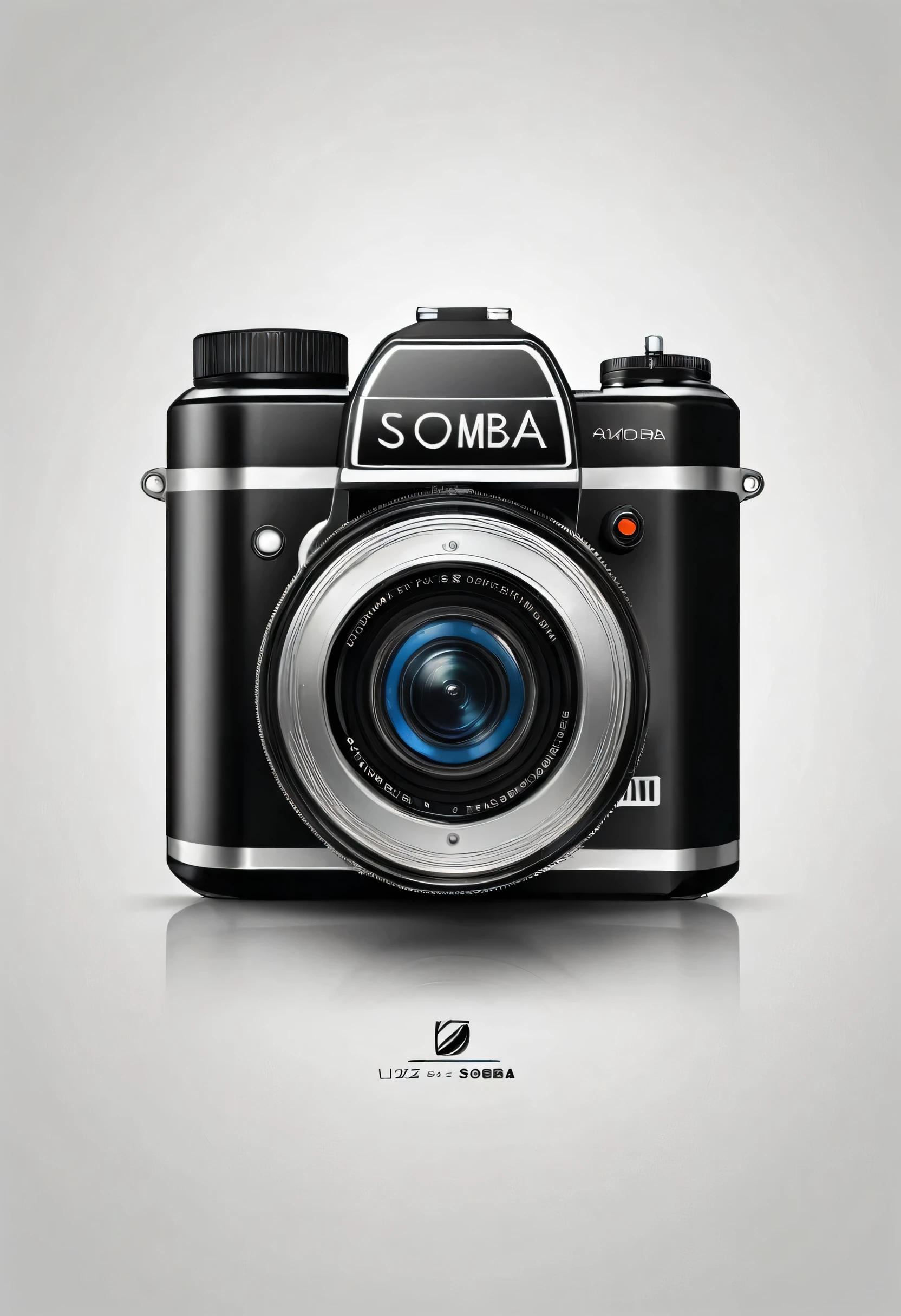 he logo must have a stylized camera as the main icon, with clean lines and a minimalist design. Use neutral tones like black and white, with a touch of blue for an elegant accent. The typography must be modern and sans serif, with the name of the studio "Luz & Sombra Fotografia" clearly highlighted below or next to the icon. Add subtle elements like photographic film around the camera for a special touch.