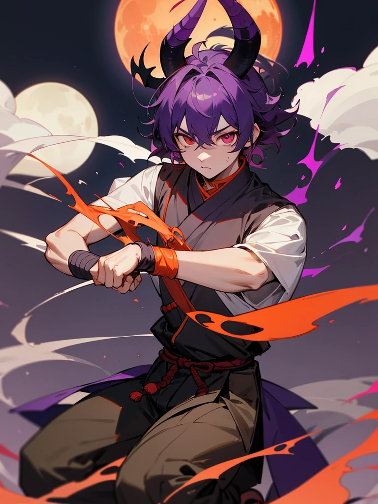 Rakshasa, Burning eyes, Horn, White short curly hair, Black and purple ninja outfit、torii, male, full moon, Martial arts posture