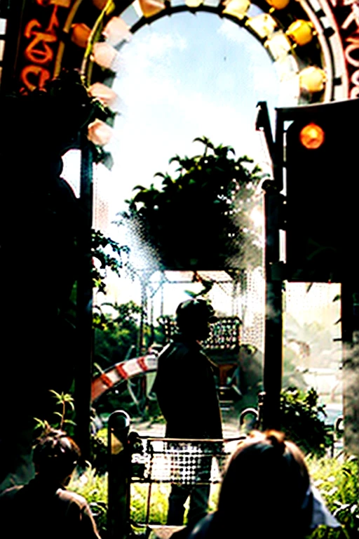 A close-up shot of the abandoned amusement park entrance, rusty and overgrown with weeds, shrouded in fog, with the silhouette of Lucas and his friends in the background, shot with a Fujifilm GFX 100S, 28mm lens, high contrast --ar 16:9