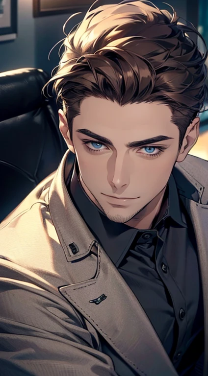 (best quality,4k,8k,highres,masterpiece:1.2),ultra-detailed,(realistic,photorealistic,photo-realistic:1.37),1 man,31 years old,mature man,very handsome,without expression,smile,short grey brown hair,blue eyes,penetrating gaze,perfect face without errors,imposing posture,businessman,office background,cinematic lighting,hdr image