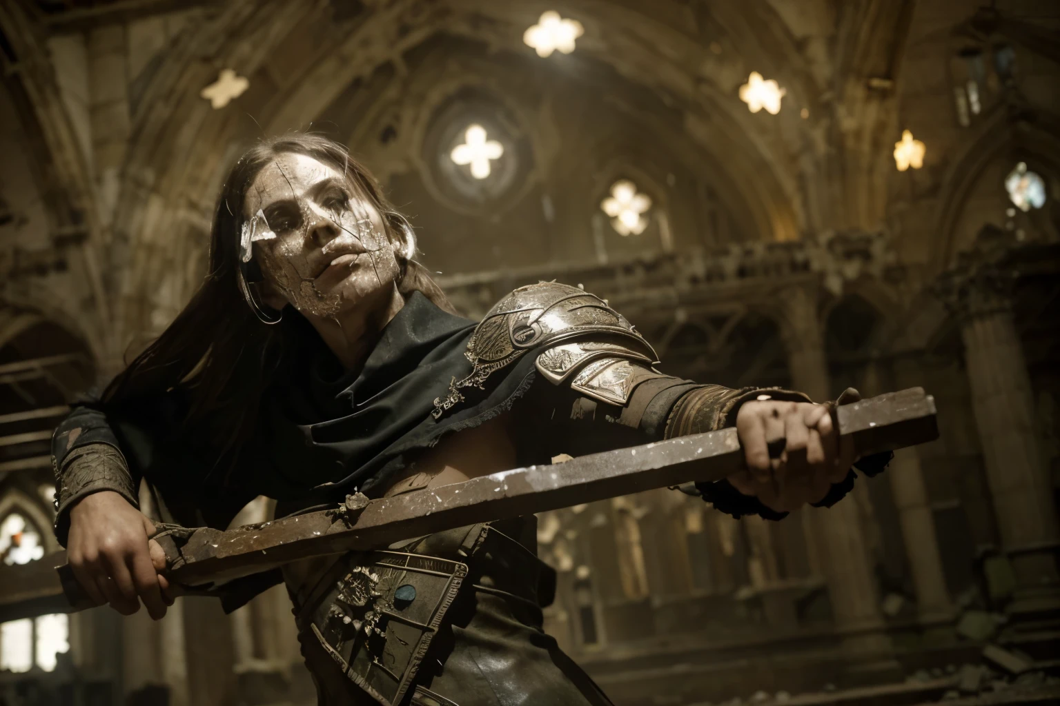 (Best quality, 8k, 32k, Masterpiece, UHD:1.2), "Transform the setting into a haunting cathedral in ruins, inspired by the Dark Souls game. Picture a vast, gothic cathedral, once grand and imposing, now in a state of decay. The high vaulted ceilings, once adorned with intricate carvings, are now cracked and crumbling. Stained glass windows, shattered and missing pieces, cast fragmented, eerie light patterns across the cold stone floor.

Massive stone pillars, some broken and leaning, line the nave, leading to a dilapidated altar. The remnants of religious iconography, worn and defaced, hint at a forgotten glory. Vines and overgrown foliage have begun to reclaim the structure, weaving through the cracks and creeping up the walls, adding a touch of nature's relentless march over time.

The atmosphere is heavy with a sense of melancholy and foreboding. Dust motes float through the air, illuminated by the pale light filtering through the broken windows. Shadows loom large, and the silence is occasionally broken by the distant echo of falling debris or the haunting whispers of the wind.

Ensure the cathedral's details evoke the oppressive and mysterious ambiance characteristic of Dark Souls, with an emphasis on desolation and the passage of time. The overall scene should capture the eerie beauty of a once-sacred space now left to ruin and despair."