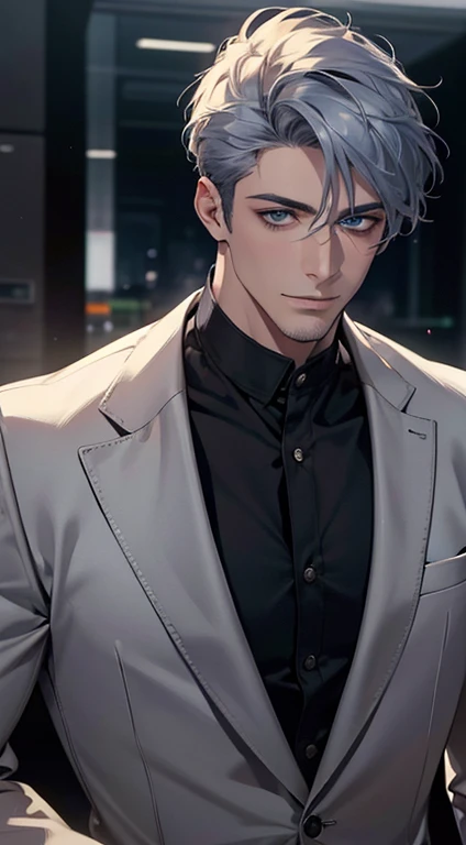 (best quality,4k,8k,highres,masterpiece:1.2),ultra-detailed,(realistic,photorealistic,photo-realistic:1.37),1 man,31 years old,mature man,very handsome,without expression,smile,short grey blue hair,blue eyes,penetrating gaze,perfect face without errors,imposing posture,businessman,office background,cinematic lighting,hdr image