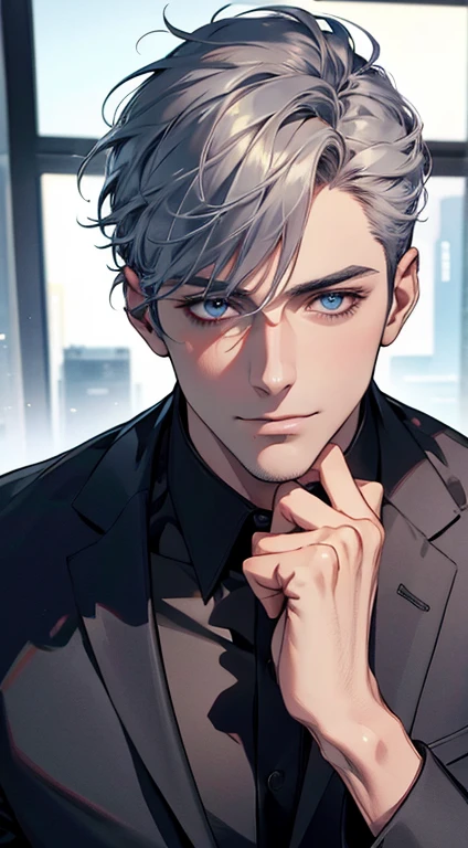 (best quality,4k,8k,highres,masterpiece:1.2),ultra-detailed,(realistic,photorealistic,photo-realistic:1.37),1 man,31 years old,mature man,very handsome,without expression,smile,short grey blue hair,blue eyes,penetrating gaze,perfect face without errors,imposing posture,businessman,office background,cinematic lighting,hdr image