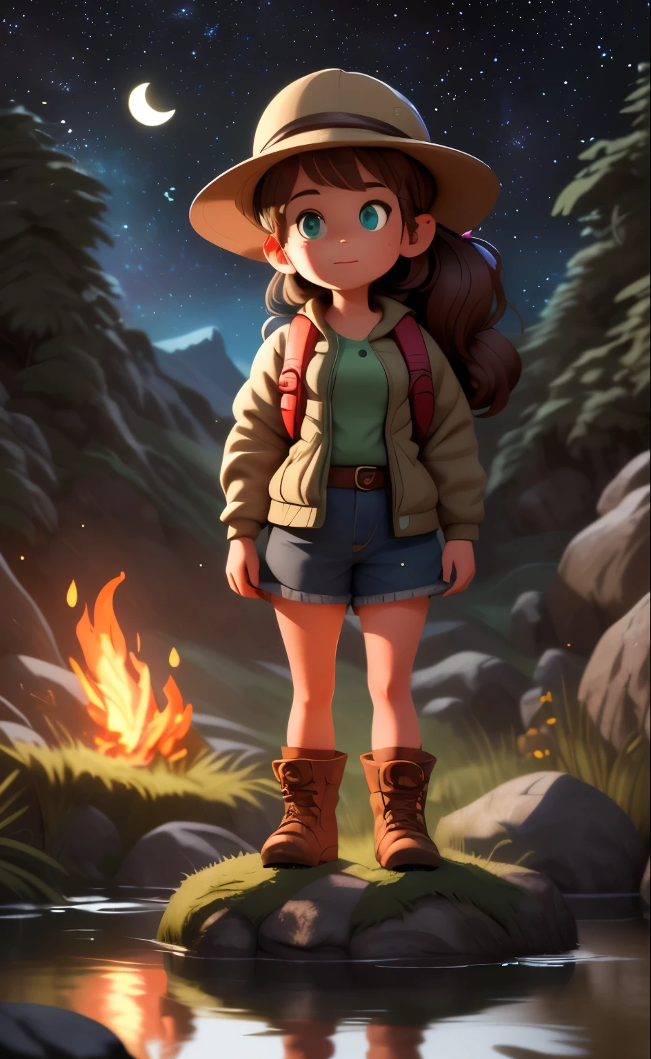 Masterpiece, Best quality, Ultra-detailed, illustration, 1girll, Solo, Outdoors, camping, Night, Mountains, Nature, stars, Moon, bonfires, tenten, double-ponytail, Green eyes, cheerful big breasts, cheerfulness, Backpack, sleeping bag, Camping stove, Water bottle, Mountain boots, mitts, Sweater, Hat, Flashlight, forest, Rocks, River, wood, Smoke, Shadows, Contrast, Clear sky, constellation, Milky Way, Peaceful, serene, Quiet, tranquil, Remote, secluded, Adventurous, exploration, escape, independence, Survival, resourcefulness, challenge, perseverance, endurance, endurance, Observation, intuition, Adaptability, creativity, imagination, Artistry, Inspiration, Beauty, in awe, Wonder, Gratitude, Appreciation, unwind, Enjoyment, rejuvenation, Mindfulness, Awareness, Connection, Harmony, balance, Texture, detail, Realism, Depth, Perspective, composition, Color, Light, black shadows, Reflection, refractions, Ton, Contrast, foreground, Middle ground, Background, Naturalistic, Figurative, representational, impressionistic, expressionistic, abstracted, Innovative, Experimental, Unique