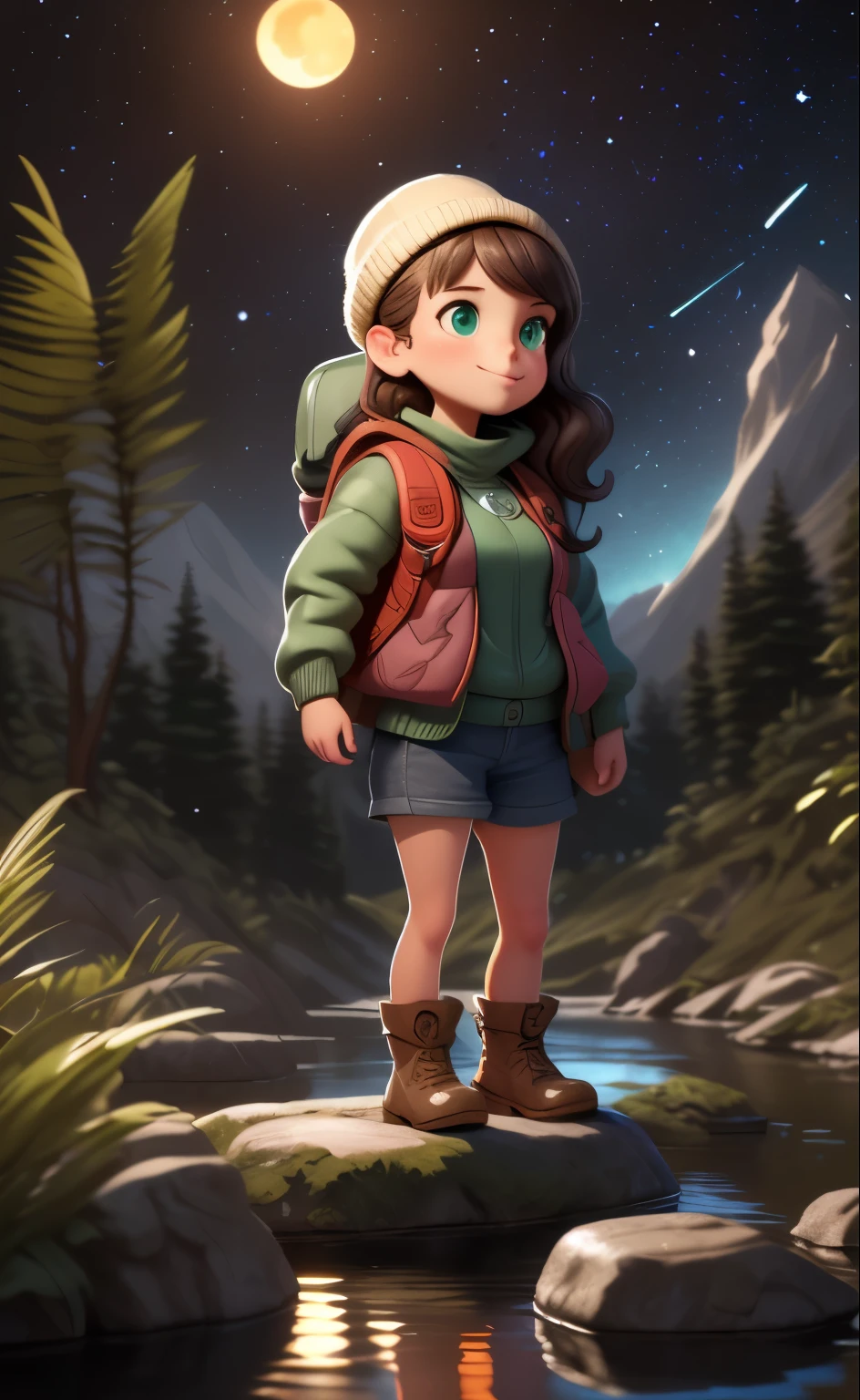 Masterpiece, Best quality, Ultra-detailed, illustration, 1girll, Solo, Outdoors, camping, Night, Mountains, Nature, stars, Moon, bonfires, tenten, double-ponytail, Green eyes, cheerful big breasts, cheerfulness, Backpack, sleeping bag, Camping stove, Water bottle, Mountain boots, mitts, Sweater, Hat, Flashlight, forest, Rocks, River, wood, Smoke, Shadows, Contrast, Clear sky, constellation, Milky Way, Peaceful, serene, Quiet, tranquil, Remote, secluded, Adventurous, exploration, escape, independence, Survival, resourcefulness, challenge, perseverance, endurance, endurance, Observation, intuition, Adaptability, creativity, imagination, Artistry, Inspiration, Beauty, in awe, Wonder, Gratitude, Appreciation, unwind, Enjoyment, rejuvenation, Mindfulness, Awareness, Connection, Harmony, balance, Texture, detail, Realism, Depth, Perspective, composition, Color, Light, black shadows, Reflection, refractions, Ton, Contrast, foreground, Middle ground, Background, Naturalistic, Figurative, representational, impressionistic, expressionistic, abstracted, Innovative, Experimental, Unique