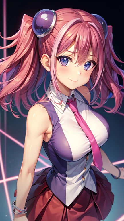 masterpiece, best quality, highres, hy1, hair ornament, multicolored hair, necktie,pink skirt,tight skirt, miniskirt ,sleeveless, , jewelry, ,smile,big tits ,looking at viewer,top view,(standing), bracelet, Cyber city,pink neon lights,((perfect face)),perfect body, perfect , high definition,blush,((upper body))
