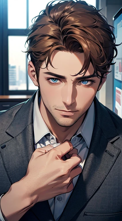 (best quality,4k,8k,highres,masterpiece:1.2),ultra-detailed,(realistic,photorealistic,photo-realistic:1.37),1 man,31 years old,mature man,very handsome,without expression,smile,short grey brown hair,blue eyes,penetrating gaze,perfect face without errors,imposing posture,businessman,office background,cinematic lighting,hdr image