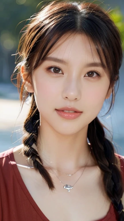 a beautiful black woman with long braided hair, hazel colored eyes, looking at viewer, smile with teeth, wearing a red shirt and black hot pants with a black necklace, gazing softly at the viewer, standing on a beautiful beach background, (best quality,4k,8k,highres,masterpiece:1.2),ultra-detailed,(realistic,photorealistic,photo-realistic:1.37),natta,HDR,UHD,studio lighting,ultra-fine painting,sharp focus,physically-based rendering,extreme detail description,professional,vivid colors,bokeh