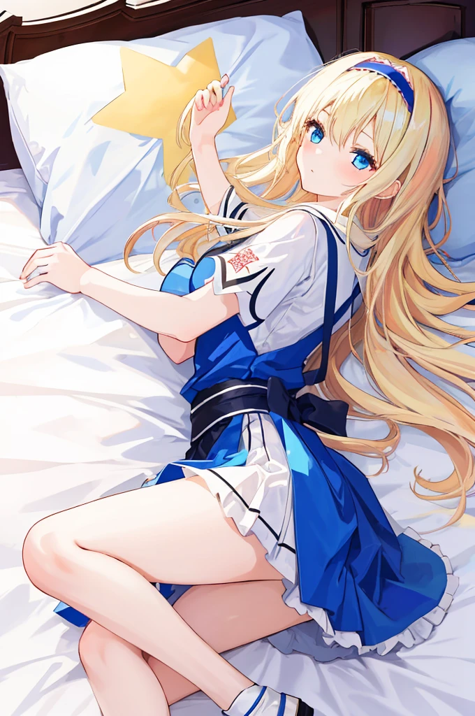 A girl with big ,Alice漫游仙境,fairy tales,((Alice)),Light blond long hair,Blue Eyes,Well-behaved and cute,Lying in bed,