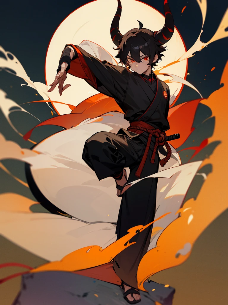 Rakshasa, Burning eyes, Horn, White short curly hair, Black Ninja Outfit、torii, male, full moon, Martial arts posture