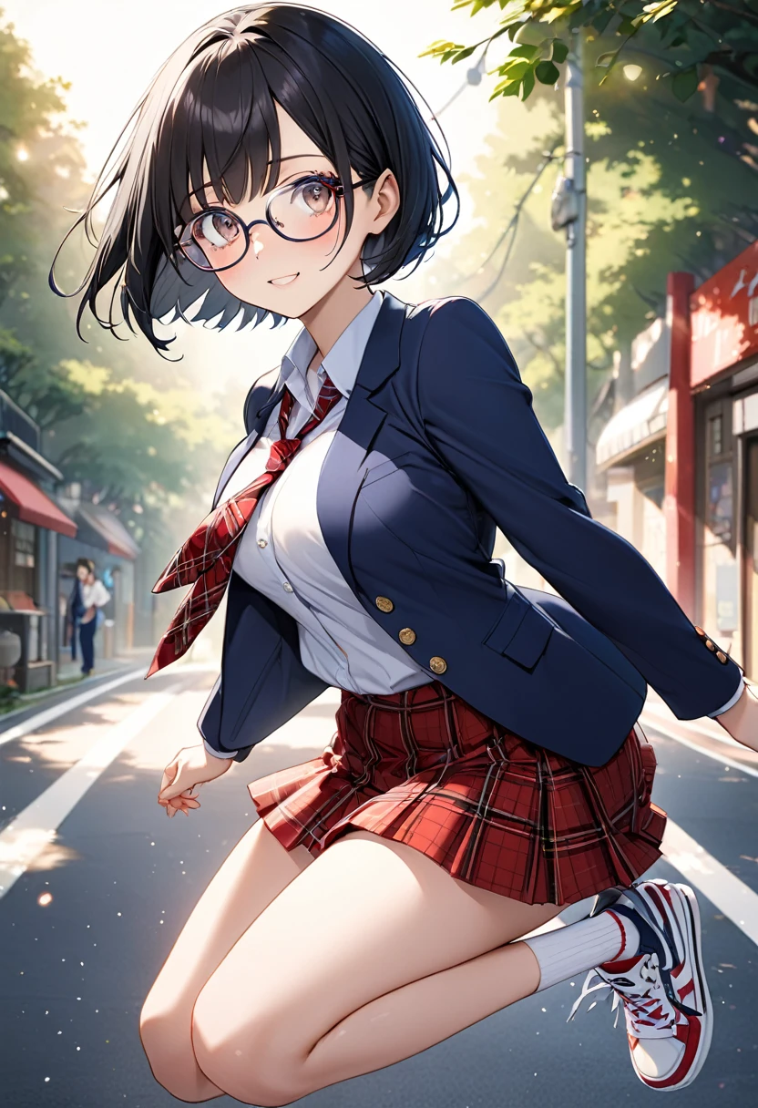(Beautiful 18 year old Japanese woman), Cute Face, Navy Blue Blazer,Ribbon tie,Red tartan check skirt, tiny socks,sneakers,Glasses,(Deeply chiseled face:0.7), (freckles:0.6), Soft Light,Healthy white skin, Black Hair,Bobcut,, (Sparkling eyes), thin,Outdoor,Very large breasts,Big Jump