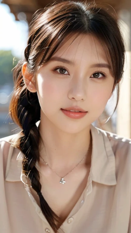 a beautiful black woman with long braided hair, hazel colored eyes, looking at viewer, smile with teeth, wearing a red shirt and black hot pants with a black necklace, gazing softly at the viewer, standing on a beautiful beach background, (best quality,4k,8k,highres,masterpiece:1.2),ultra-detailed,(realistic,photorealistic,photo-realistic:1.37),natta,HDR,UHD,studio lighting,ultra-fine painting,sharp focus,physically-based rendering,extreme detail description,professional,vivid colors,bokeh