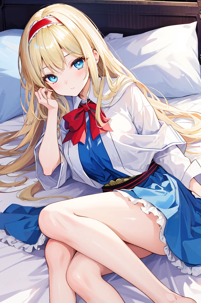 A girl with big ,Alice漫游仙境,fairy tales,((Alice)),Light blond long hair,Blue Eyes,Well-behaved and cute,Lying in bed,