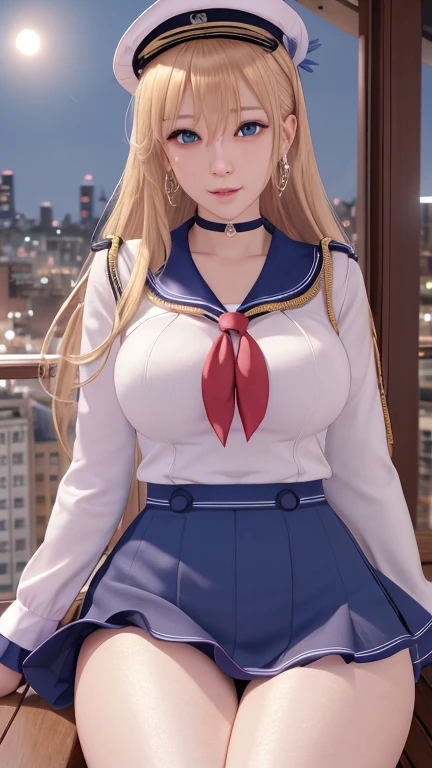 masterpiece, best quality, realistic, detailed face, cinematic lighting,
seductive face, shiny eyes, jewelry, long eyelashes,
shiny skin, thigh gap,
seductive sitting, looking at camera,
night city,
saratoga, sailorsuit, (pureerosface_v1:0.5)