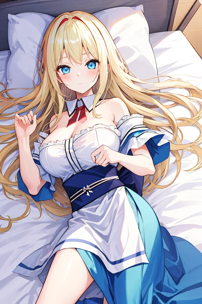 A girl with big ,Alice漫游仙境,fairy tales,((Alice)),Light blond long hair,Blue Eyes,Well-behaved and cute,Lying in bed,
