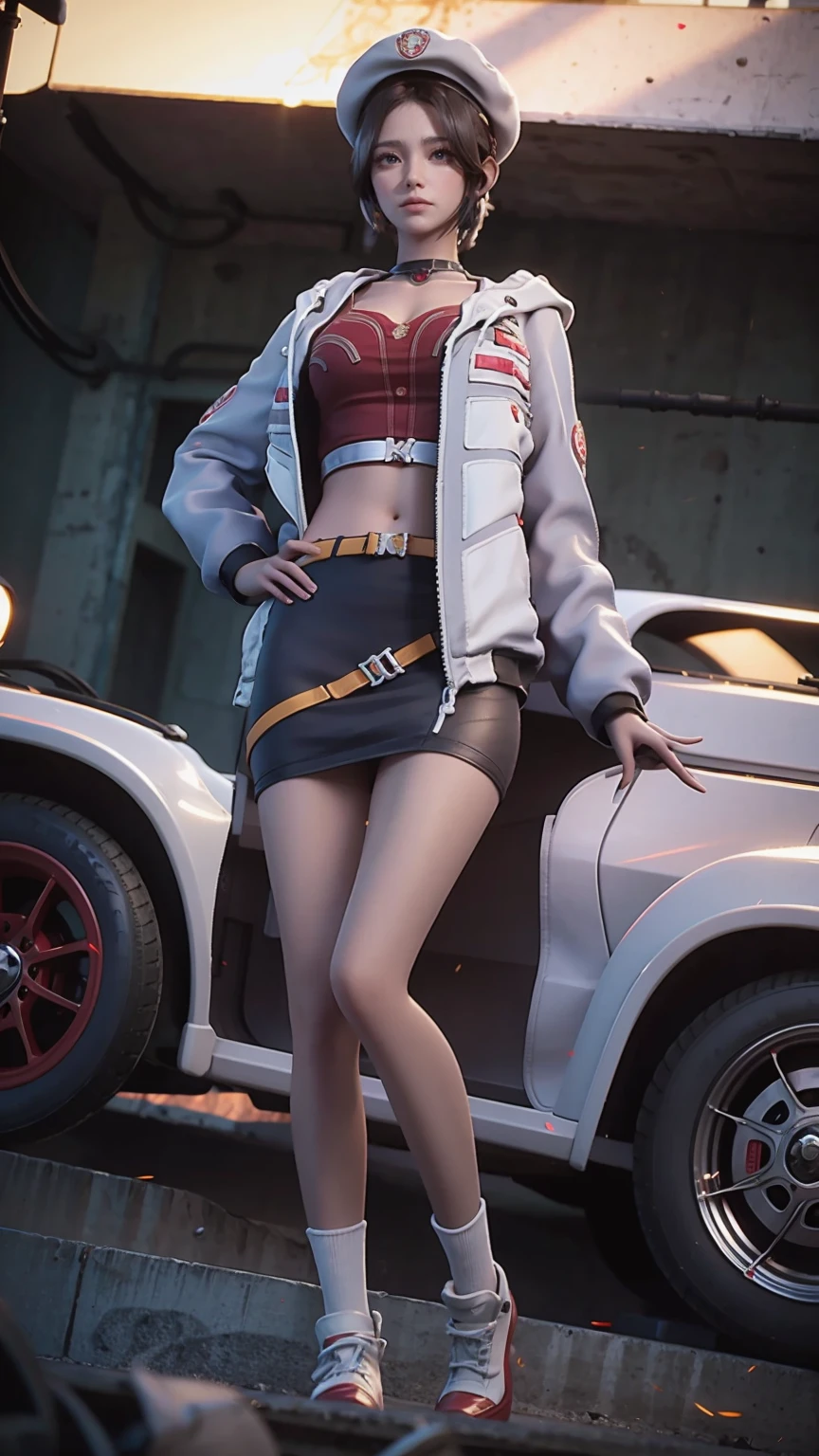 masterpiece, Pale skin, Red lips, Light eyes, Eyeshadow, Front view shot of a beautiful brunette woman,medium curly hair,Standing on the street,Holding a Thompson M1928A1 drum, Behind her is a 1928 Cadillac Town Sedan,Green on the left, She wore a red and white Mafia outfit, The skirt and jacket were draped over her shoulders,She also wore a hat, Garter belt and high heels, Very detailed body, Detailed cars and clothes, Chiaroscuro, Natural daylight, Very detailed, She and the car focus on the image