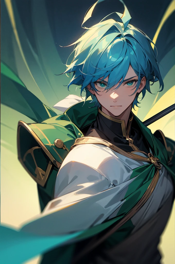 masterpiece, best quality, high quality, 1male, male focus, looking at the viewer, upper body, Blue hair, Green eyes, Knight suit, medieval background