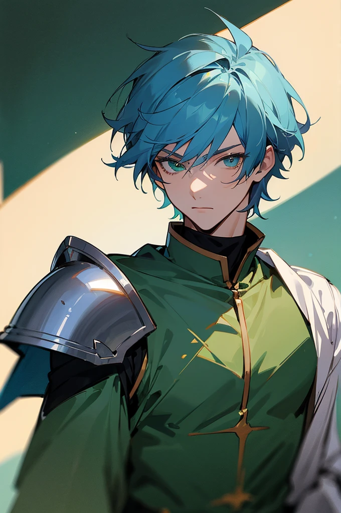 masterpiece, best quality, high quality, 1male, male focus, looking at the viewer, upper body, Blue hair, Green eyes, Knight suit, medieval background