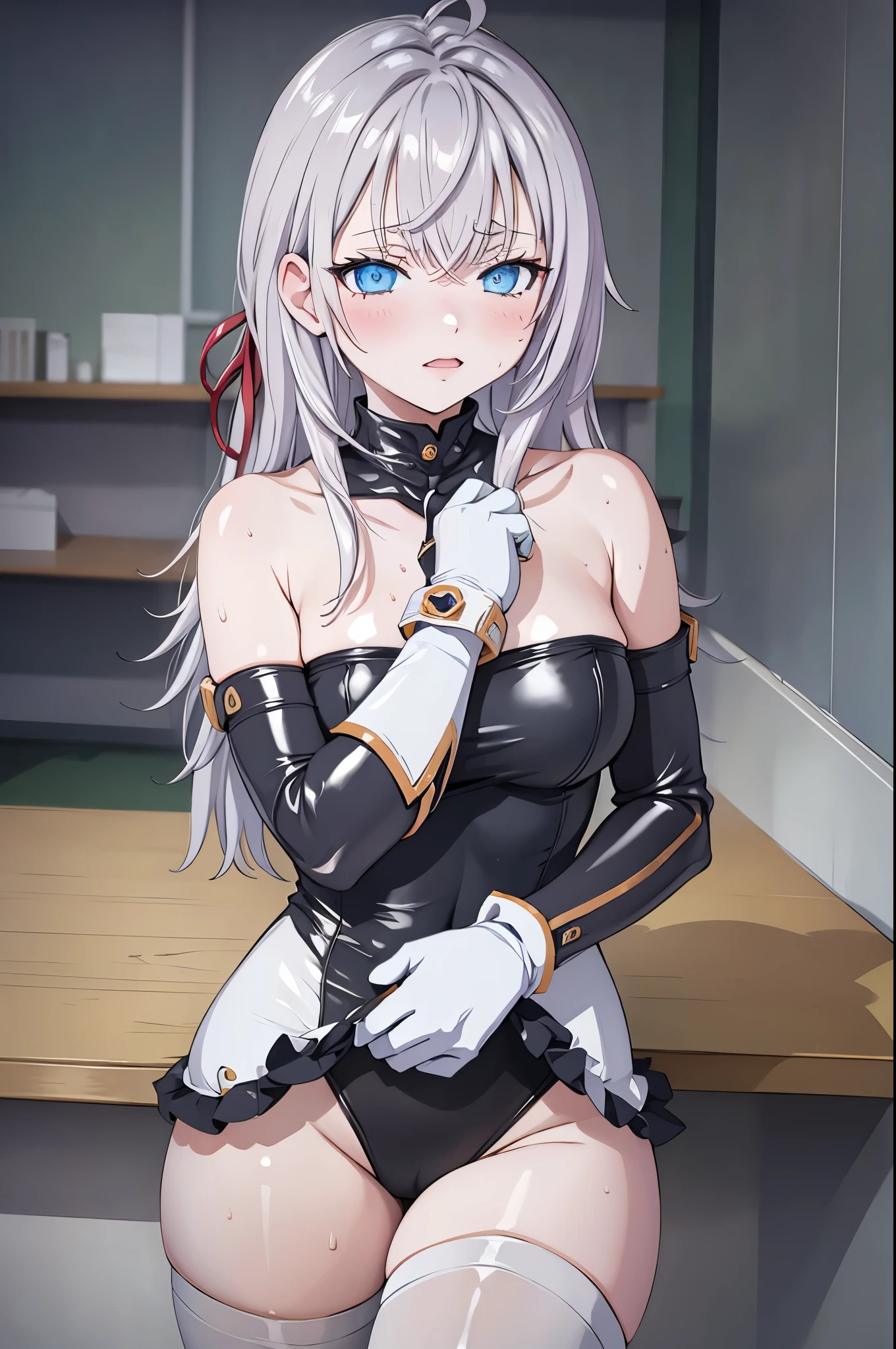 y girl no clothes, big bobs , White background sexantyhsweating a lot, gloves on hands, white hair, detailed blue eyes