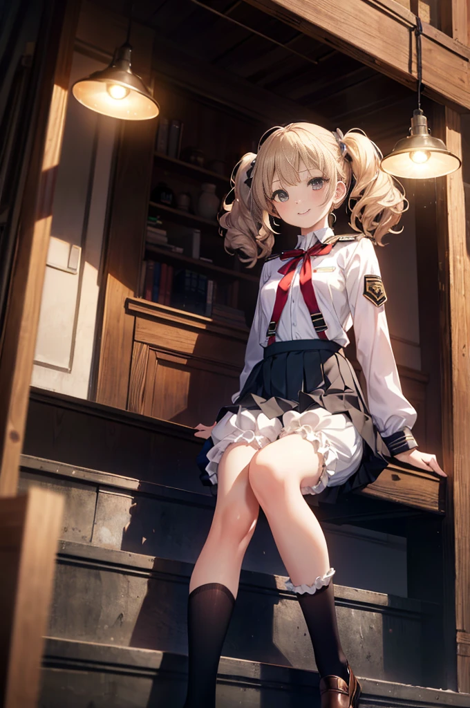 (masterpiece), 4K,woman,long sleeve military uniform,Small breasts,Small Ass,Curly Twin Tails,Light bulb lighting,Realistic, skinny, Big smile,((Wear bloomers under your skirt)),Sitting on the stairs,((Knee-length pleated skirt)),Angle from below the knee