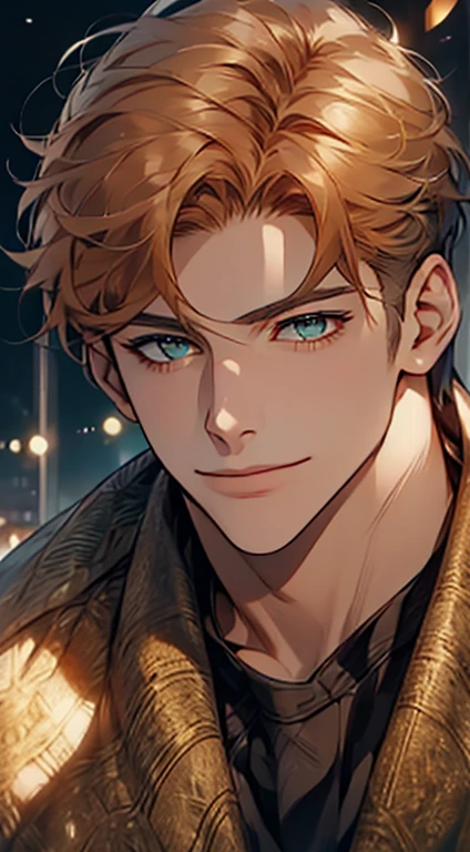 (Highest quality,4K,8K,High resolution,masterpiece:1.2),Super detailed,(Realistic,photoRealistic,photo-Realistic:1.37),1 person,31 years old,Mature Men,Beautiful skin、very handsome,Expressionless smile in love,Short orange hair,green eyes,Sharp Eyes,A perfect face without a doubt,Businessman,Office Background,Cinema Lighting,HDR image,tie、