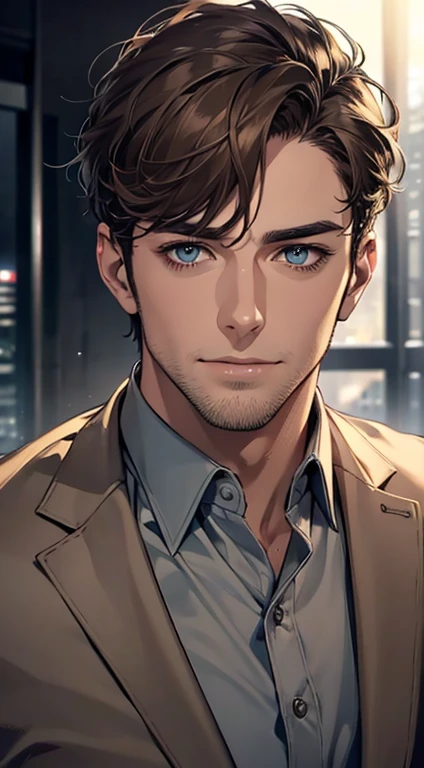 (best quality,4k,8k,highres,masterpiece:1.2),ultra-detailed,(realistic,photorealistic,photo-realistic:1.37),1 man,31 years old,mature man,very handsome,without expression,smile,short grey brown hair,blue eyes,penetrating gaze,perfect face without errors,imposing posture,businessman,office background,cinematic lighting,hdr image
